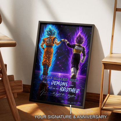 Dragon Ball Super Saiyan Blue Goku & Ultra Ego Vegeta Canvas Wall Art - Motivational Quote “Brother” - Ready to Hang Home Office Decor - DR122