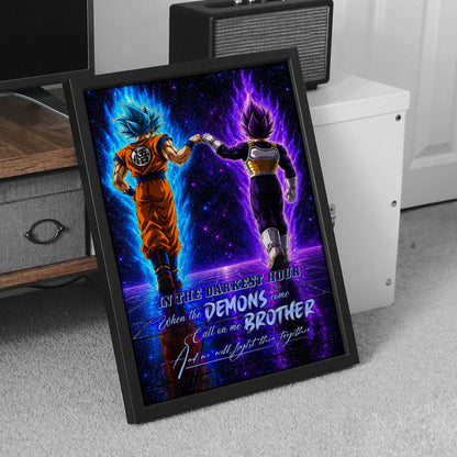 Dragon Ball Super Saiyan Blue Goku & Ultra Ego Vegeta Canvas Wall Art - Motivational Quote “Brother” - Ready to Hang Home Office Decor - DR122