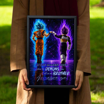 Dragon Ball Super Saiyan Blue Goku & Ultra Ego Vegeta Canvas Wall Art - Motivational Quote “Brother” - Ready to Hang Home Office Decor - DR122
