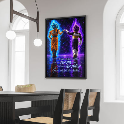 Dragon Ball Super Saiyan Blue Goku & Ultra Ego Vegeta Canvas Wall Art - Motivational Quote “Brother” - Ready to Hang Home Office Decor - DR122