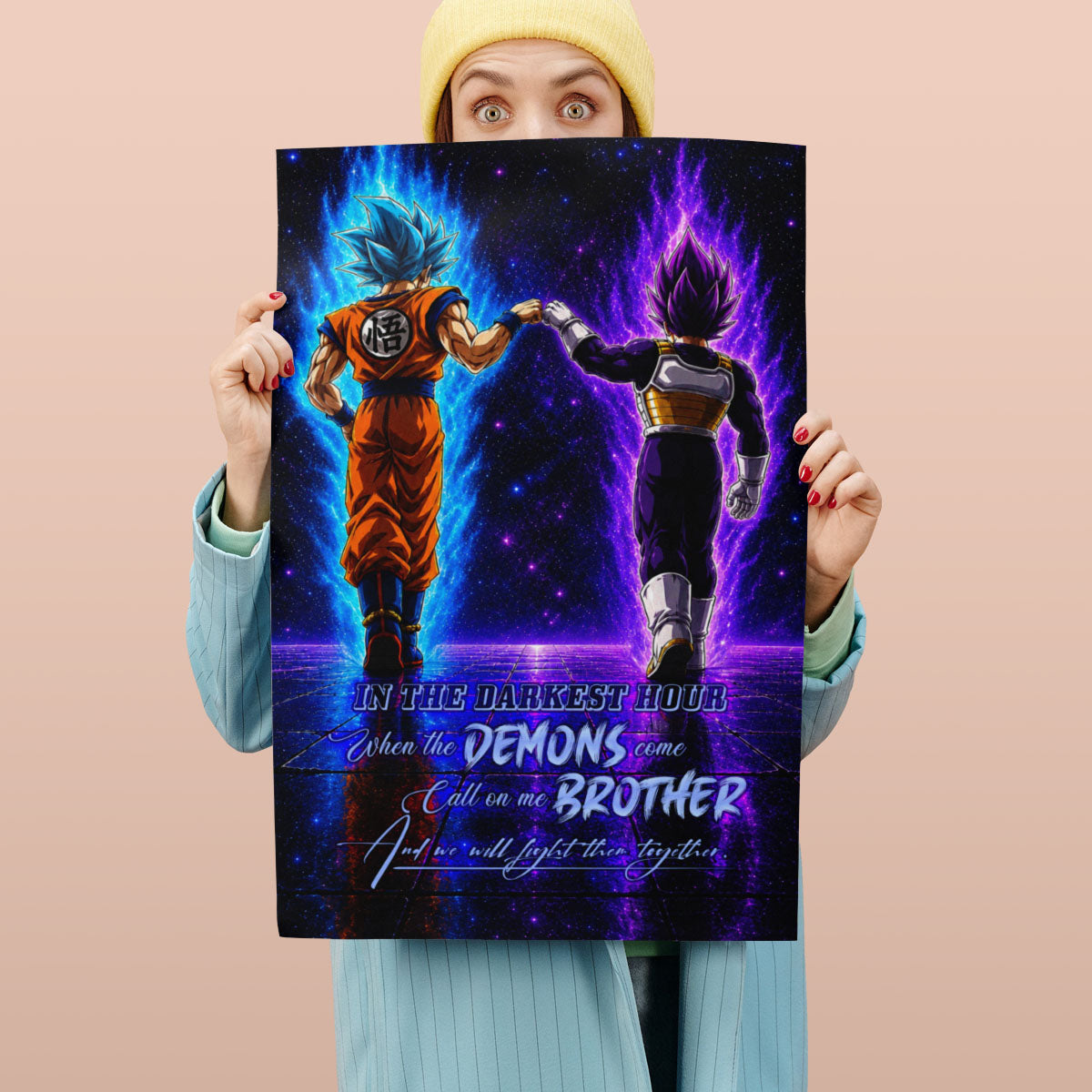 Dragon Ball Super Saiyan Blue Goku & Ultra Ego Vegeta Canvas Wall Art - Motivational Quote “Brother” - Ready to Hang Home Office Decor - DR122