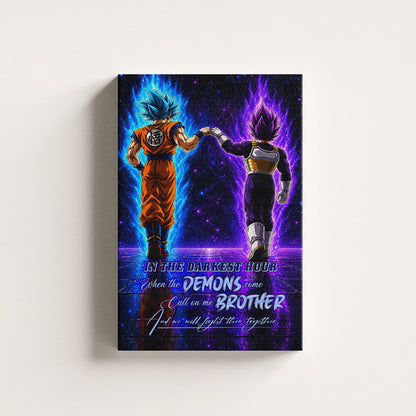 Dragon Ball Super Saiyan Blue Goku & Ultra Ego Vegeta Canvas Wall Art - Motivational Quote “Brother” - Ready to Hang Home Office Decor - DR122