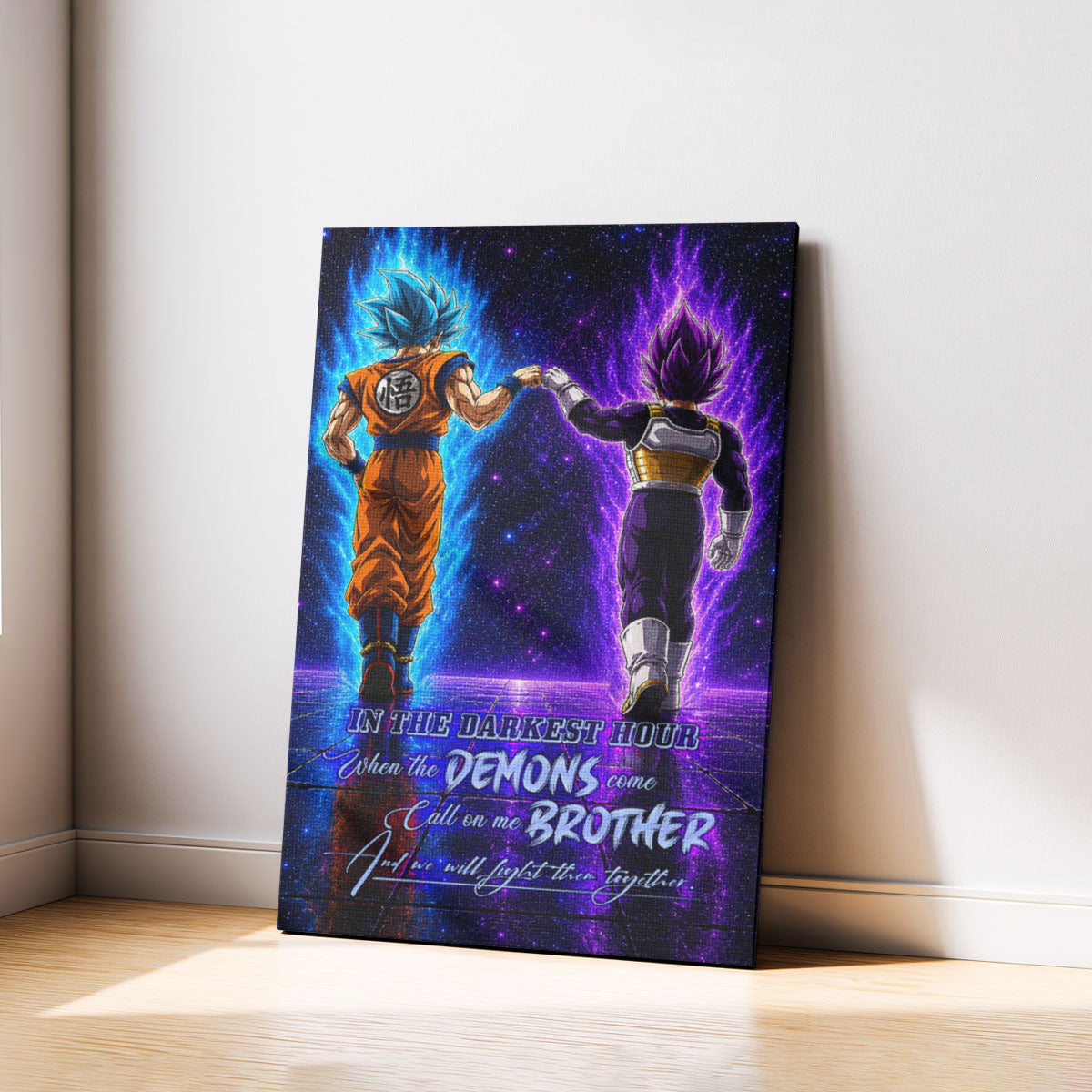 Dragon Ball Super Saiyan Blue Goku & Ultra Ego Vegeta Canvas Wall Art - Motivational Quote “Brother” - Ready to Hang Home Office Decor - DR122