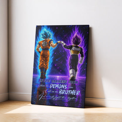 Dragon Ball Super Saiyan Blue Goku & Ultra Ego Vegeta Canvas Wall Art - Motivational Quote “Brother” - Ready to Hang Home Office Decor - DR122