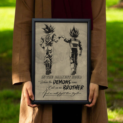 Dragon Ball Super Saiyan Blue Goku & Ultra Ego Vegeta Canvas Wall Art - Motivational Quote “Brother” - Ready to Hang Home Office Decor - DR128