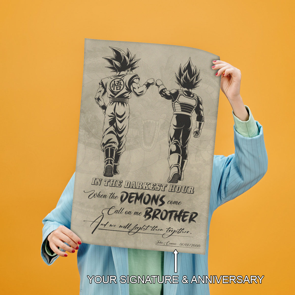 Dragon Ball Super Saiyan Blue Goku & Ultra Ego Vegeta Canvas Wall Art - Motivational Quote “Brother” - Ready to Hang Home Office Decor - DR128