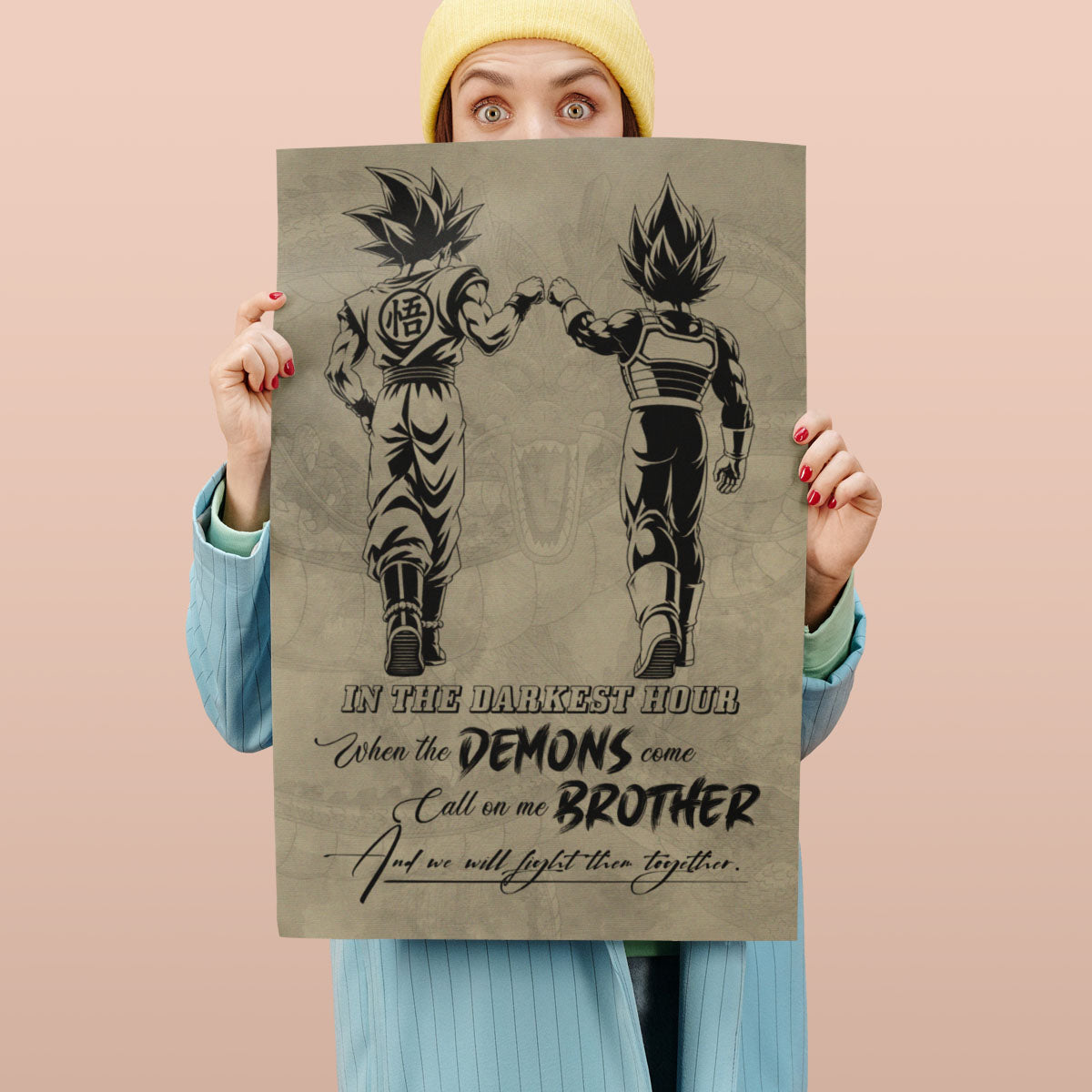 Dragon Ball Super Saiyan Blue Goku & Ultra Ego Vegeta Canvas Wall Art - Motivational Quote “Brother” - Ready to Hang Home Office Decor - DR128