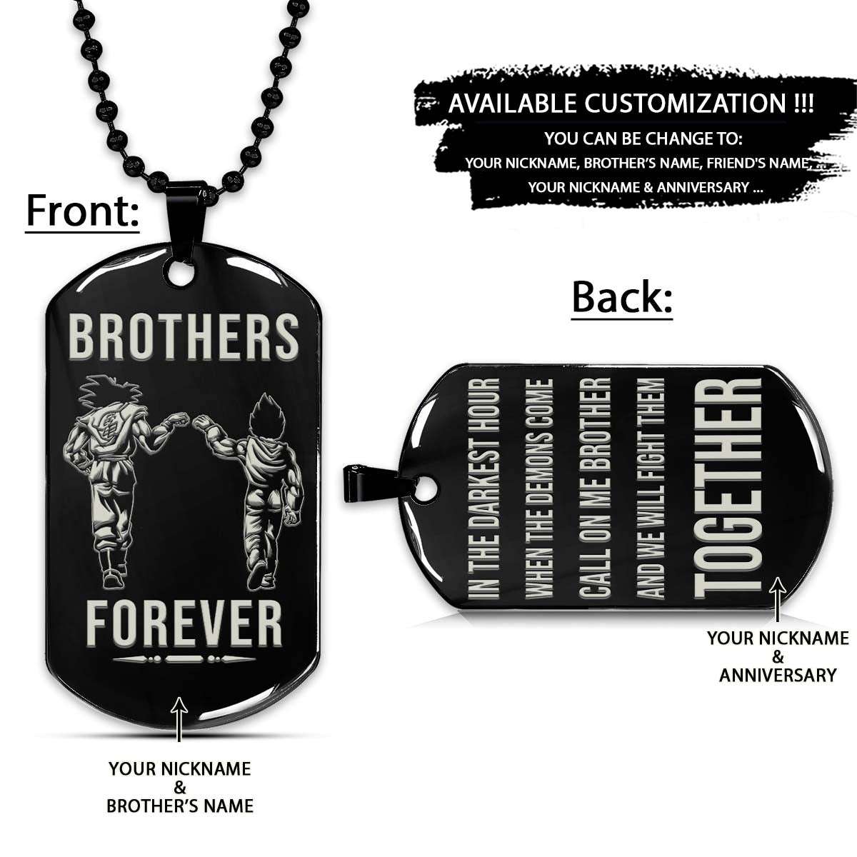 Dragon Ball Dog Tag - Brothers Forever - Call On Me Brother - Goku - Vegeta - Dragon Ball Necklace - Engrave Dog Tag