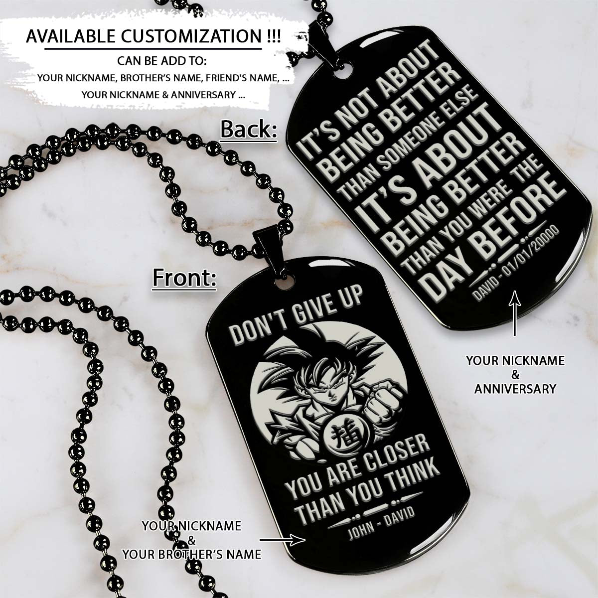 Dragon Ball Dog Tag - Don't Give Up - It's About Being Better Than You Were The Day Before - Goku - Dragon Ball Necklace - Engrave Dog Tag