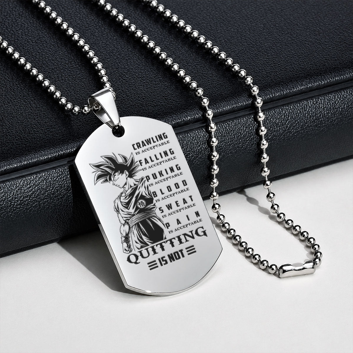 Personalized Dragon Ball Z Goku Dog Tag Necklace - “Quitting Is Not” Engraved Stainless Steel Military Pendant Gift for Men