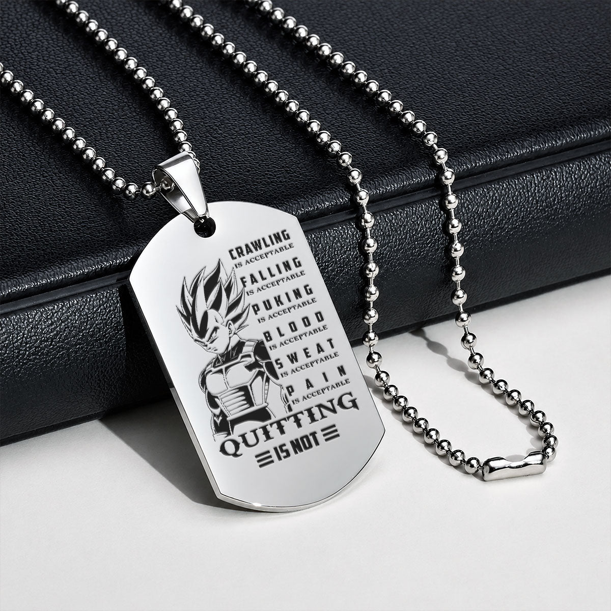 Personalized Dragon Ball Z Vegeta Dog Tag Necklace - “Quitting Is Not” Engraved Stainless Steel Military Pendant Gift for Men