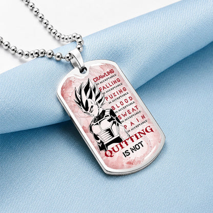 Personalized Dragon Ball Vegeta Dog Tag Necklace - Motivational Quote “Quitting Is Not” Stainless Steel Pendant - Anime Gift for DBZ Fans - DRDL014