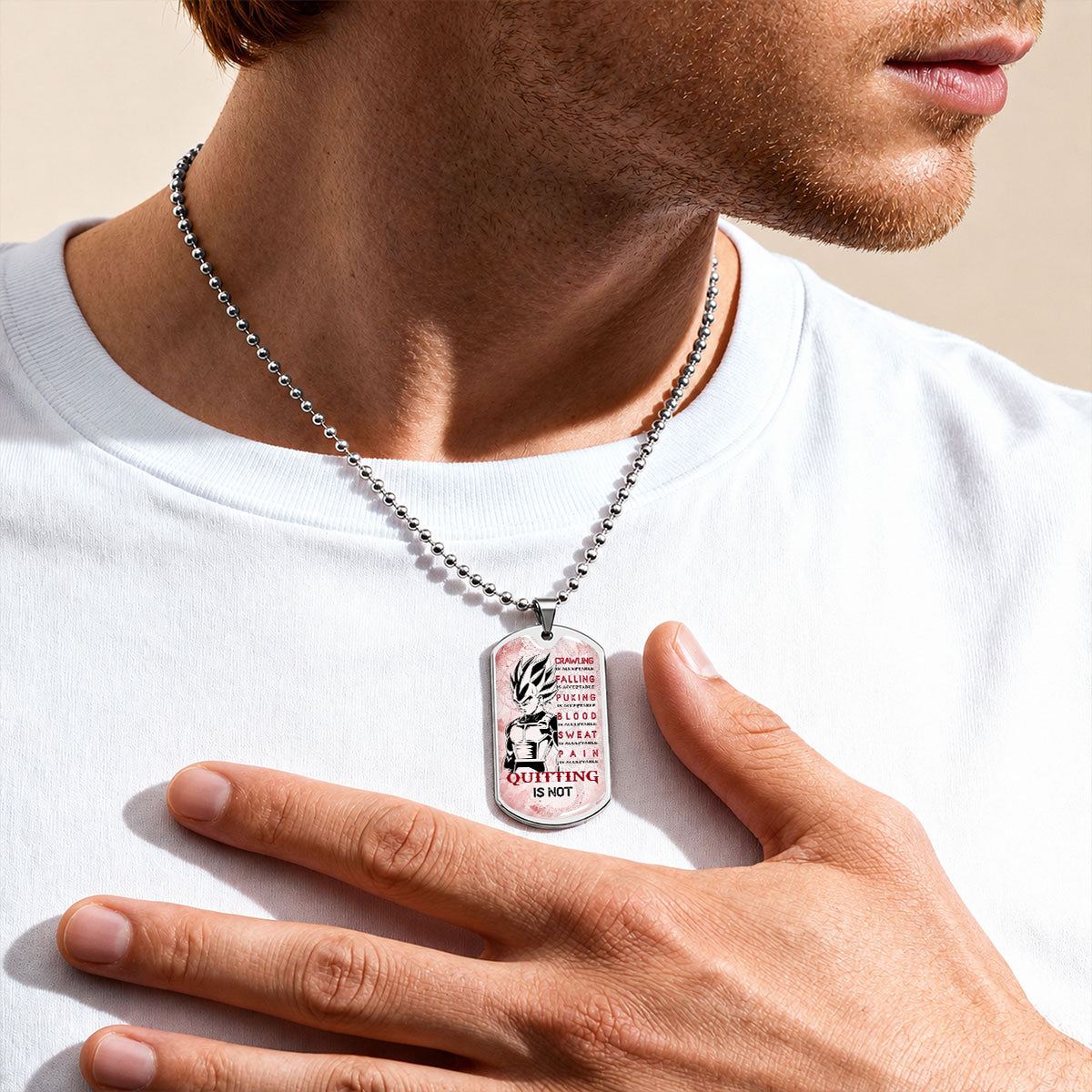 Personalized Dragon Ball Vegeta Dog Tag Necklace - Motivational Quote “Quitting Is Not” Stainless Steel Pendant - Anime Gift for DBZ Fans - DRDL014
