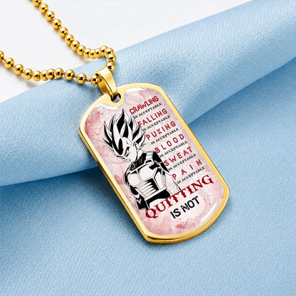 Personalized Dragon Ball Vegeta Dog Tag Necklace - Motivational Quote “Quitting Is Not” Stainless Steel Pendant - Anime Gift for DBZ Fans - DRDL014