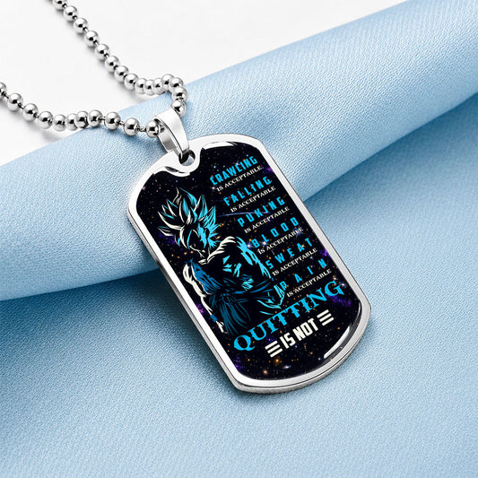 Custom Dragon Ball Super Saiyan Blue Goku Dog Tag Necklace - Motivational Quote “Quitting Is Not” Stainless Steel Pendant - Anime Gift for DBZ Fans - DRDL015