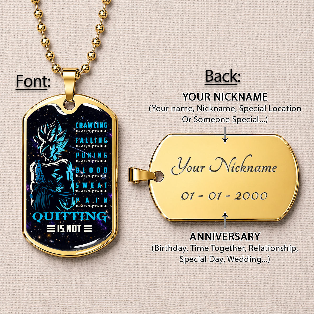 Custom Dragon Ball Super Saiyan Blue Goku Dog Tag Necklace - Motivational Quote “Quitting Is Not” Stainless Steel Pendant - Anime Gift for DBZ Fans - DRDL015