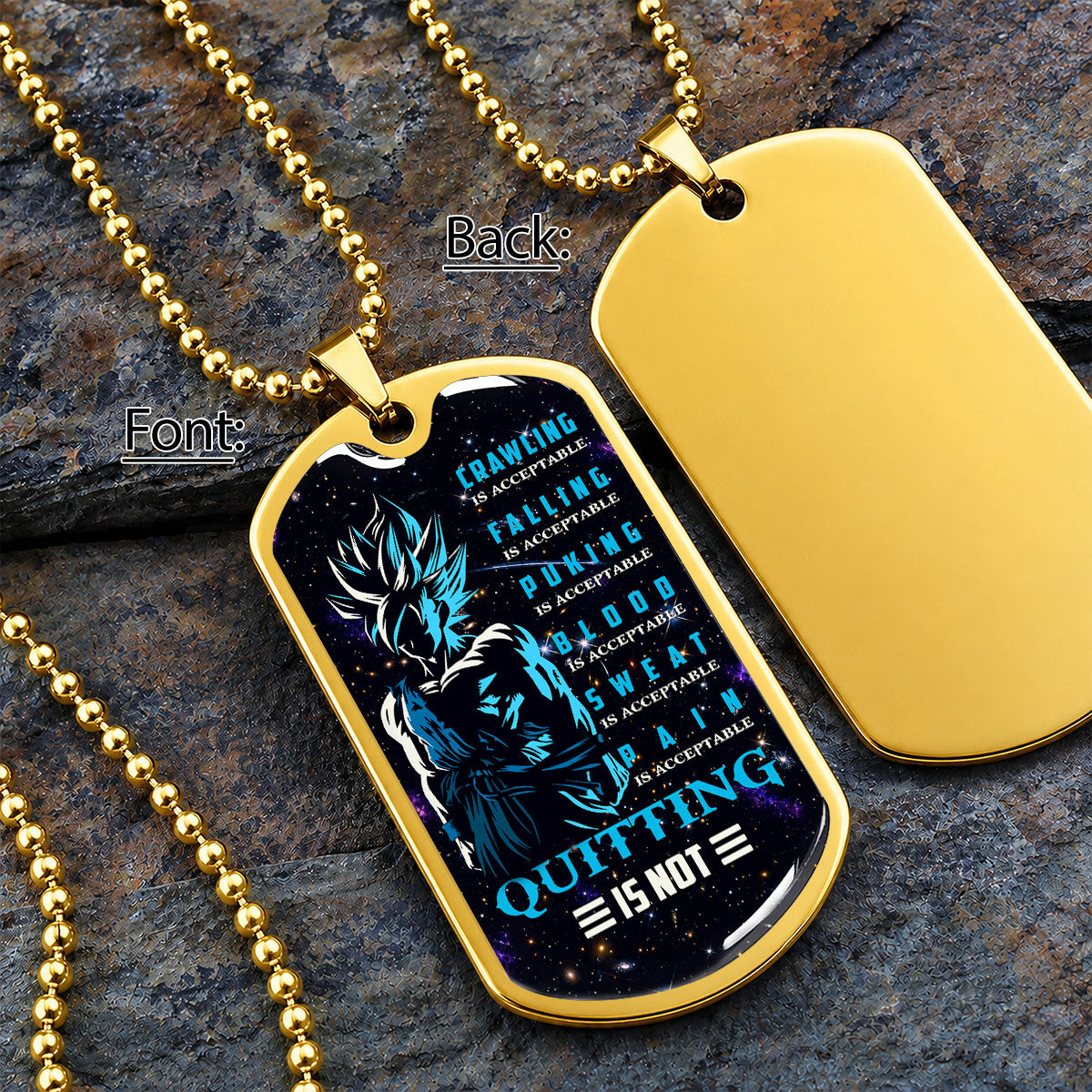 Dragon Ball Dog Tag Necklace - DRDL015 - Super Saiyan Blue Goku - Quitting Is Not - Military Ball Chain