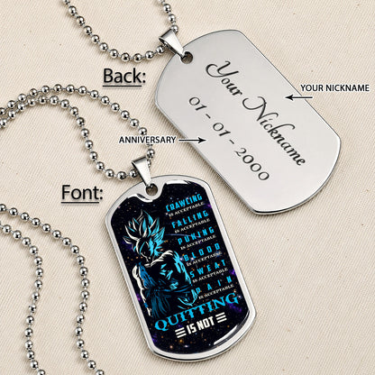 Custom Dragon Ball Super Saiyan Blue Goku Dog Tag Necklace - Motivational Quote “Quitting Is Not” Stainless Steel Pendant - Anime Gift for DBZ Fans - DRDL015