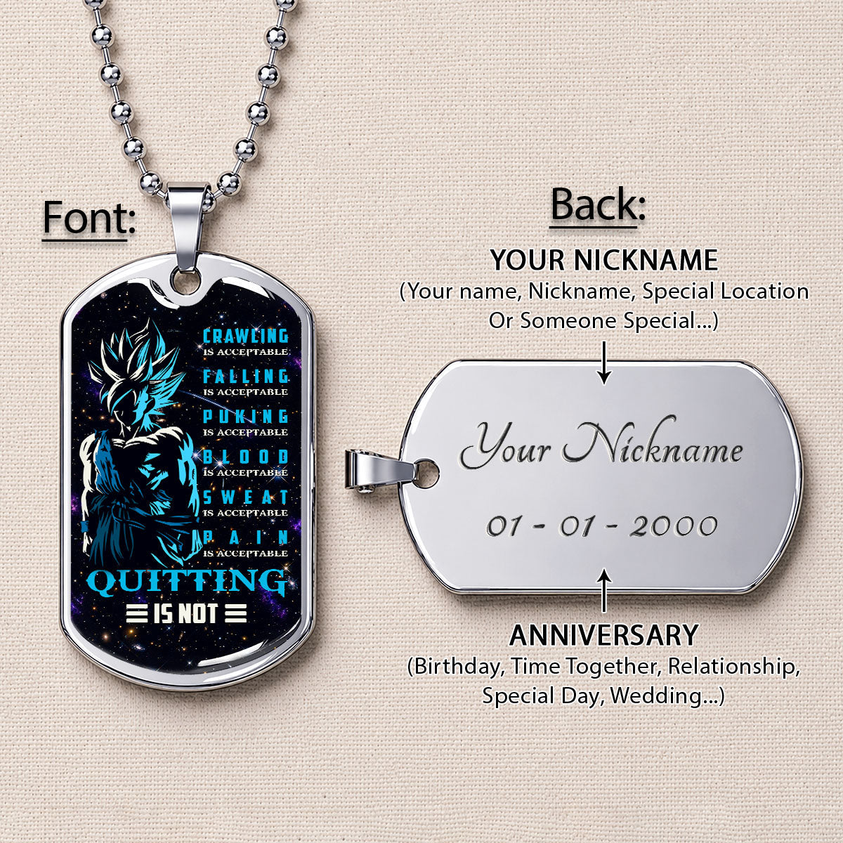 Custom Dragon Ball Super Saiyan Blue Goku Dog Tag Necklace - Motivational Quote “Quitting Is Not” Stainless Steel Pendant - Anime Gift for DBZ Fans - DRDL015