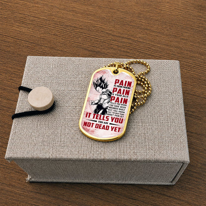Personalized Dragon Ball Vegeta Dog Tag Necklace - Motivational Quote “Pain Is Your Friend” Stainless Steel Pendant - Anime Gift for DBZ Fans - DRDL016