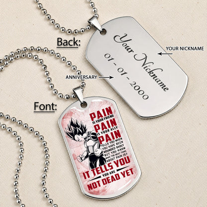 Personalized Dragon Ball Vegeta Dog Tag Necklace - Motivational Quote “Pain Is Your Friend” Stainless Steel Pendant - Anime Gift for DBZ Fans - DRDL016