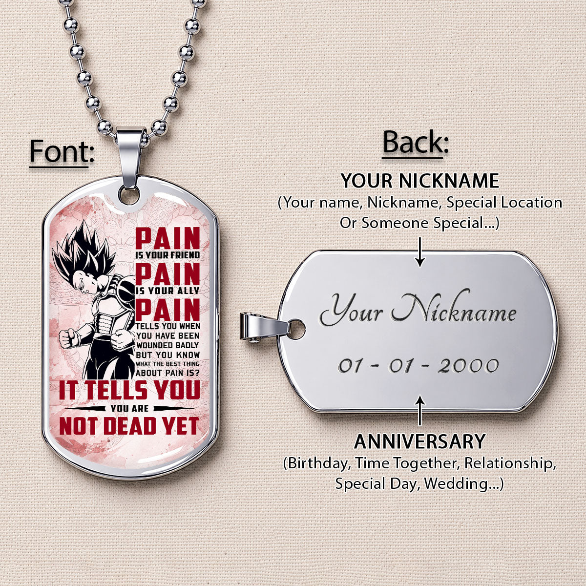 Personalized Dragon Ball Vegeta Dog Tag Necklace - Motivational Quote “Pain Is Your Friend” Stainless Steel Pendant - Anime Gift for DBZ Fans - DRDL016