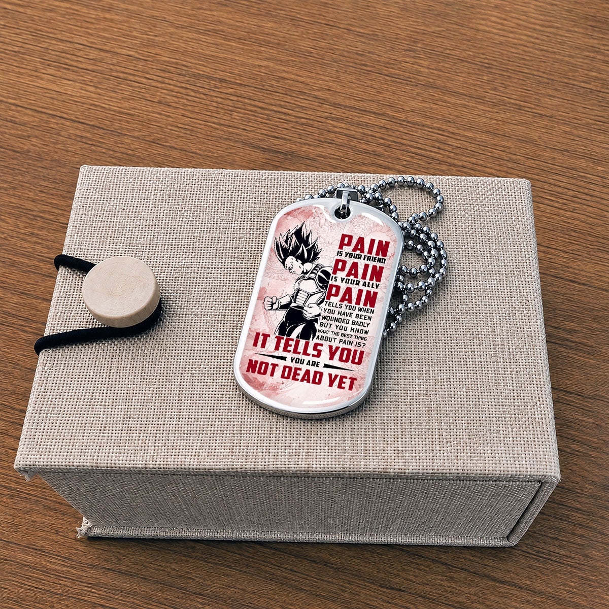 Personalized Dragon Ball Vegeta Dog Tag Necklace - Motivational Quote “Pain Is Your Friend” Stainless Steel Pendant - Anime Gift for DBZ Fans - DRDL016