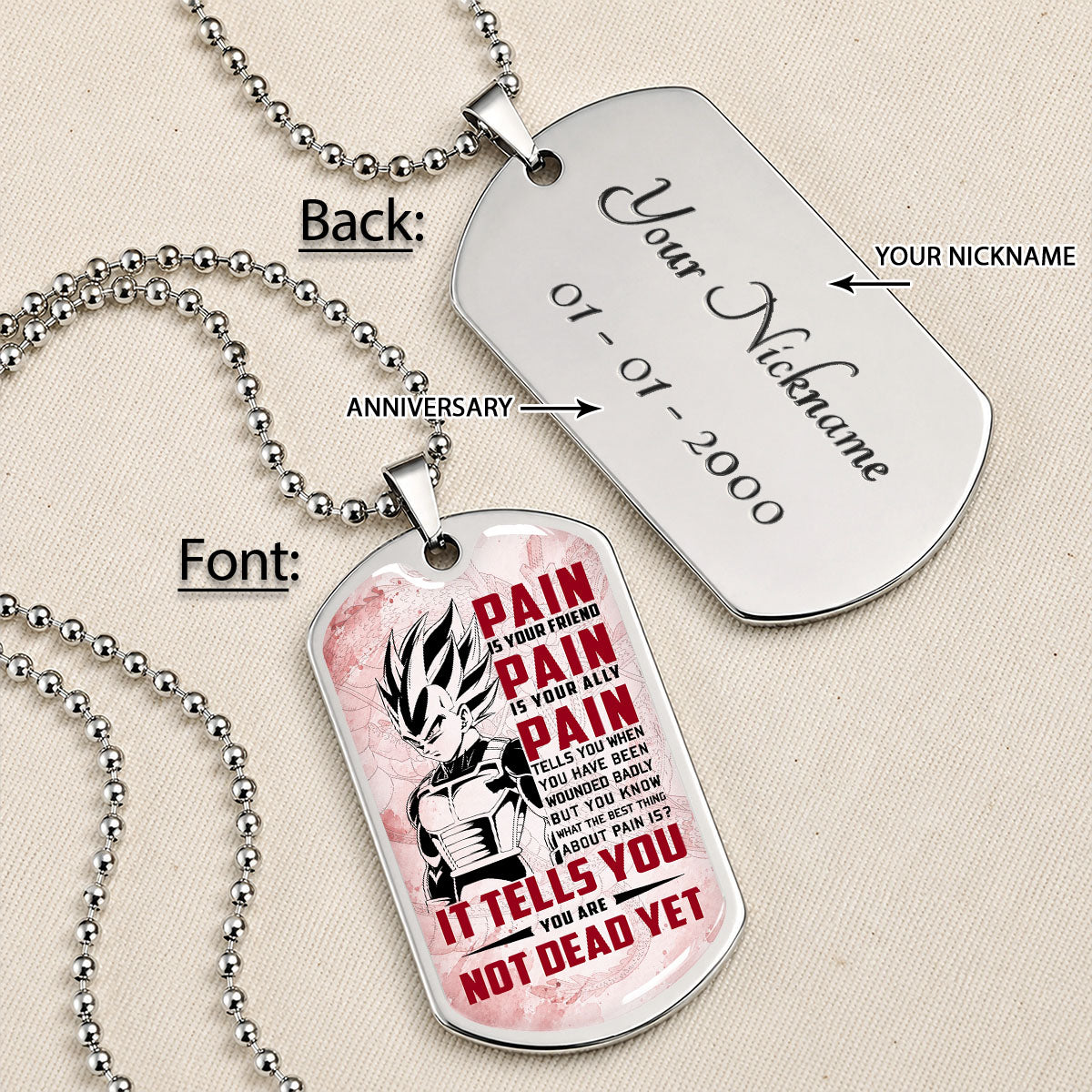 Personalized Dragon Ball Vegeta Dog Tag Necklace - Motivational Quote “Pain Is Your Friend” Stainless Steel Pendant - Anime Gift for DBZ Fans - DRDL017