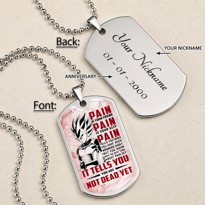Personalized Dragon Ball Vegeta Dog Tag Necklace - Motivational Quote “Pain Is Your Friend” Stainless Steel Pendant - Anime Gift for DBZ Fans - DRDL017