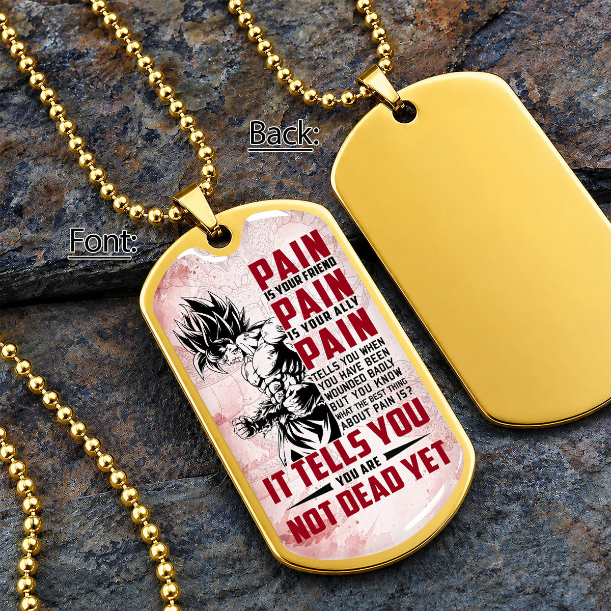 Personalized Dragon Ball Goku Dog Tag Necklace - Motivational Quote “Pain Is Your Friend” Stainless Steel Pendant - Anime Gift for DBZ Fans - DRDL018