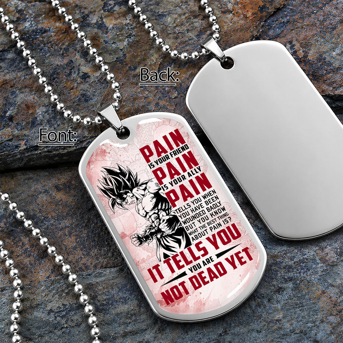 Personalized Dragon Ball Goku Dog Tag Necklace - Motivational Quote “Pain Is Your Friend” Stainless Steel Pendant - Anime Gift for DBZ Fans - DRDL018