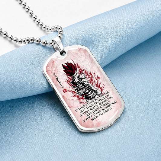 Custom Dragon Ball Super Saiyan God Vegito Dog Tag Necklace - Motivational Quote “Show No Mercy” Stainless Steel Pendant - Anime Gift for DBZ Fans - DRDL029