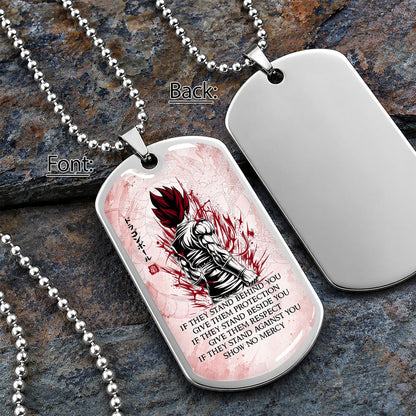 Custom Dragon Ball Super Saiyan God Vegito Dog Tag Necklace - Motivational Quote “Show No Mercy” Stainless Steel Pendant - Anime Gift for DBZ Fans - DRDL029
