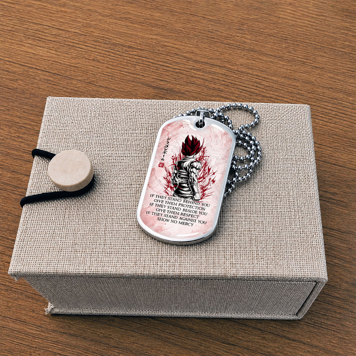 Custom Dragon Ball Super Saiyan God Vegito Dog Tag Necklace - Motivational Quote “Show No Mercy” Stainless Steel Pendant - Anime Gift for DBZ Fans - DRDL029