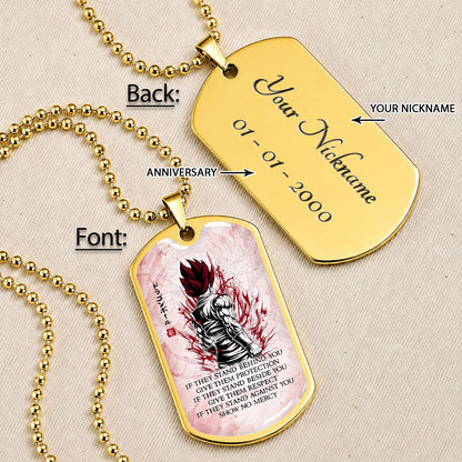 Custom Dragon Ball Super Saiyan God Vegito Dog Tag Necklace - Motivational Quote “Show No Mercy” Stainless Steel Pendant - Anime Gift for DBZ Fans - DRDL029