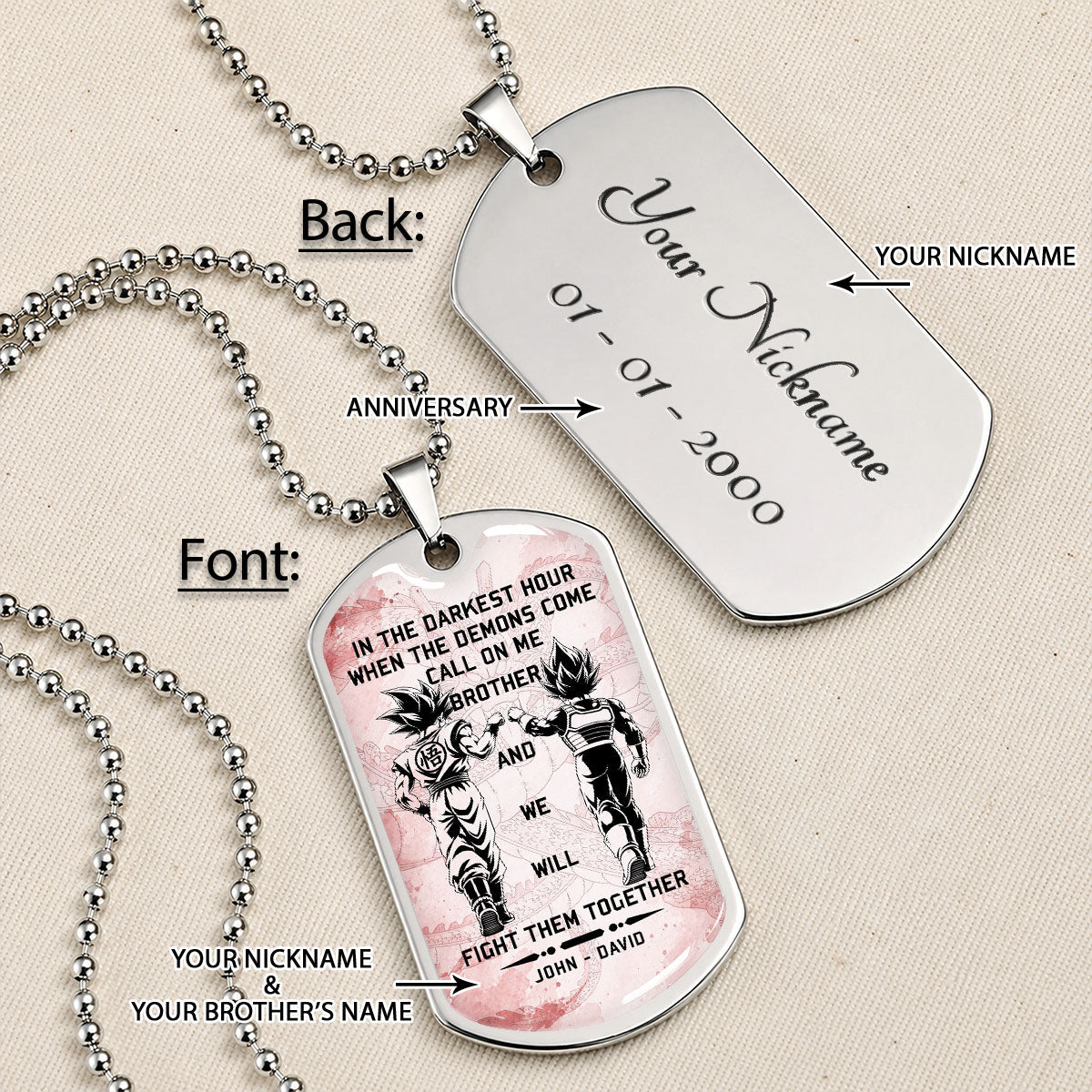 Dragon Ball Dog Tag Necklace - DRDL040 - Goku - Vegeta - Call On Me Brother -  Military Ball Chain