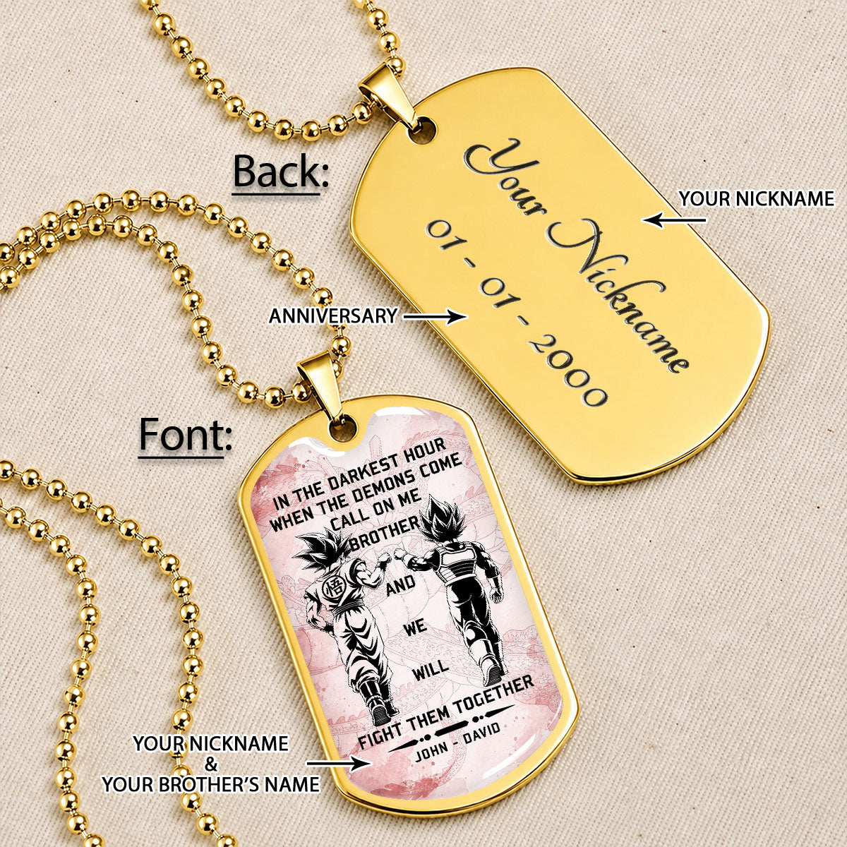 Custom Dragon Ball Goku & Vegeta Brother Dog Tag Necklace - Motivational Quote "Call On Me Brother"  Stainless Steel Pendant - Anime Gift for DBZ Fans - DRDL040