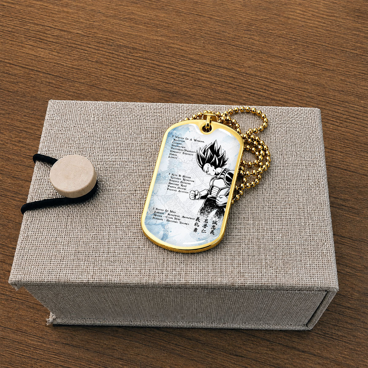 Custom Dragon Ball Vegeta Dog Tag Necklace - Motivational Quote “7 Virtues of a Warrior & 5 Keys to Health” Stainless Steel Pendant - Gift for DBZ Fans - DRDL043