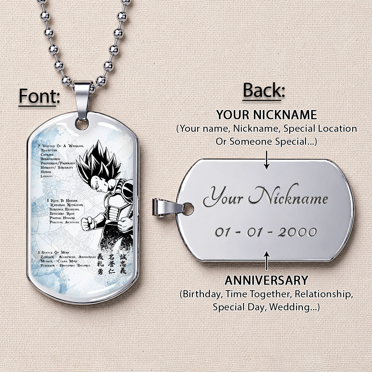 Custom Dragon Ball Vegeta Dog Tag Necklace - Motivational Quote “7 Virtues of a Warrior & 5 Keys to Health” Stainless Steel Pendant - Gift for DBZ Fans - DRDL043