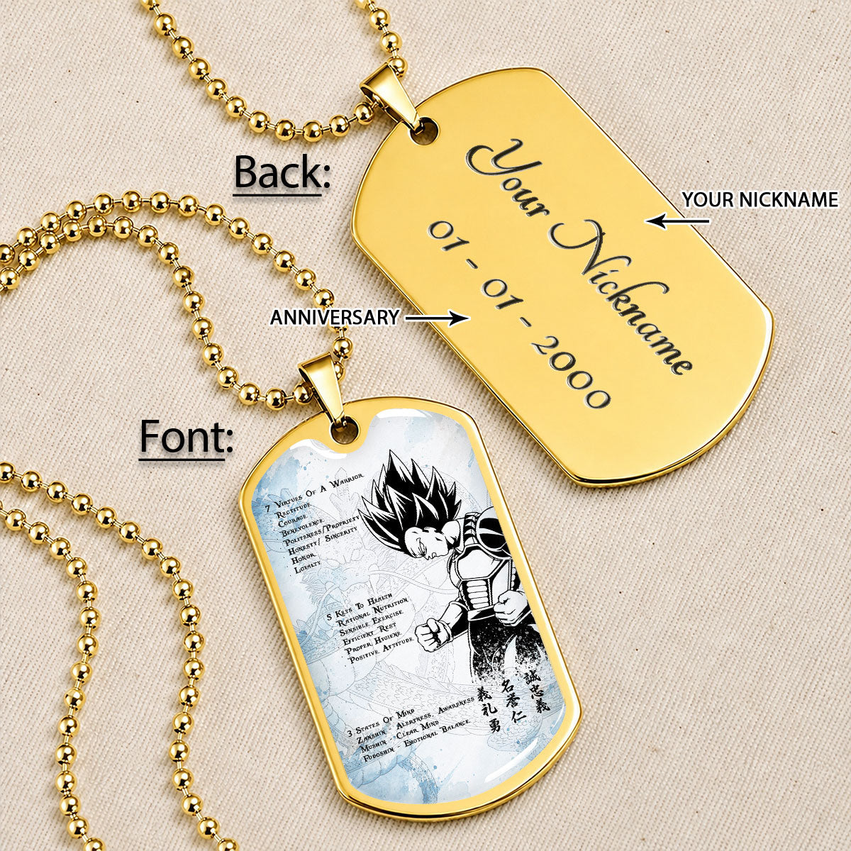 Custom Dragon Ball Vegeta Dog Tag Necklace - Motivational Quote “7 Virtues of a Warrior & 5 Keys to Health” Stainless Steel Pendant - Gift for DBZ Fans - DRDL043