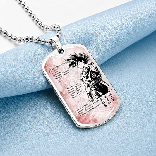 Custom Dragon Ball Goku Dog Tag Necklace - Motivational Quote “7 Virtues of a Warrior & 5 Keys to Health” Stainless Steel Pendant - Gift for DBZ Fans - DRDL044