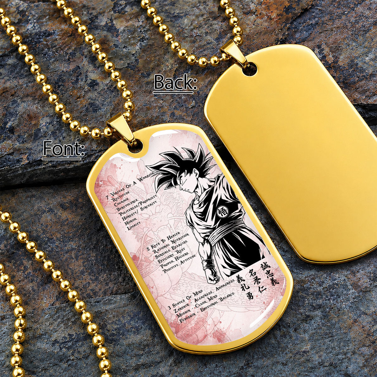 Custom Dragon Ball Goku Dog Tag Necklace - Motivational Quote “7 Virtues of a Warrior & 5 Keys to Health” Stainless Steel Pendant - Gift for DBZ Fans - DRDL044