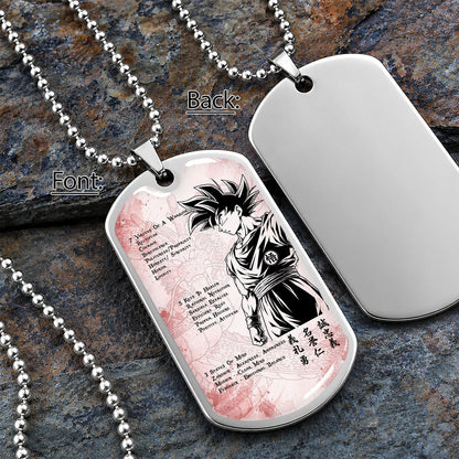 Custom Dragon Ball Goku Dog Tag Necklace - Motivational Quote “7 Virtues of a Warrior & 5 Keys to Health” Stainless Steel Pendant - Gift for DBZ Fans - DRDL044