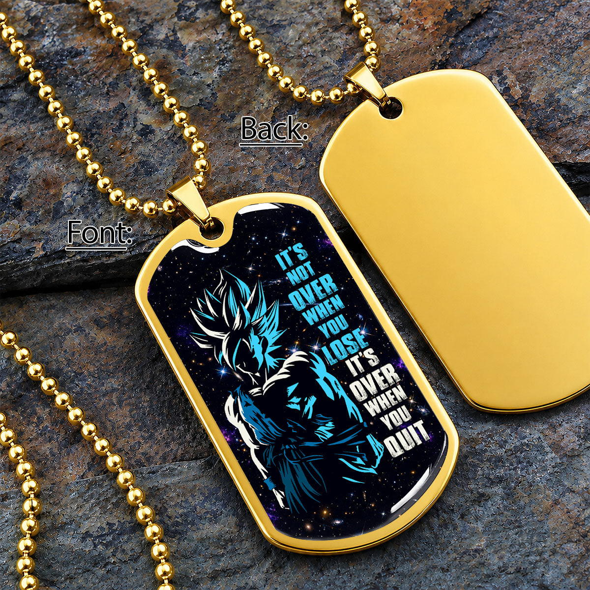 Custom Dragon Ball Saiyan Blue Goku Dog Tag Necklace - Motivational Quote “It's Not Over When You Lose” Stainless Steel Pendant - Gift for DBZ Fans - DRDL048