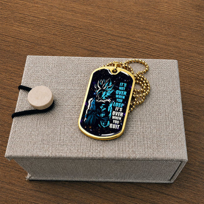 Custom Dragon Ball Saiyan Blue Goku Dog Tag Necklace - Motivational Quote “It's Not Over When You Lose” Stainless Steel Pendant - Gift for DBZ Fans - DRDL048