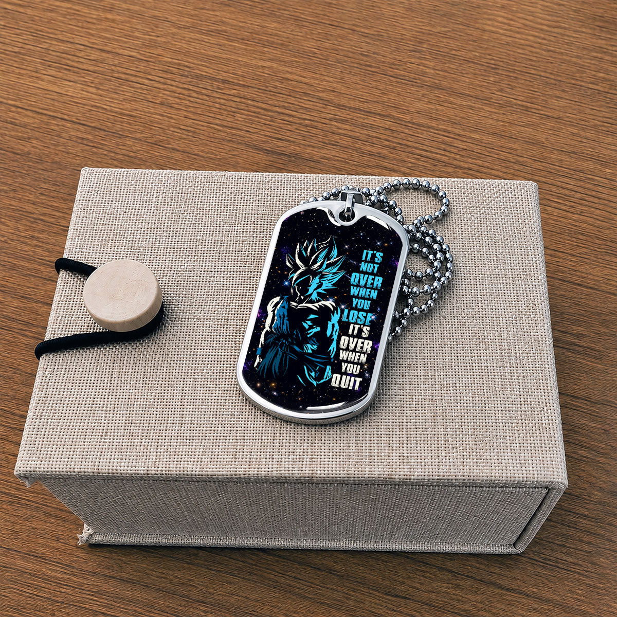 Custom Dragon Ball Saiyan Blue Goku Dog Tag Necklace - Motivational Quote “It's Not Over When You Lose” Stainless Steel Pendant - Gift for DBZ Fans - DRDL048