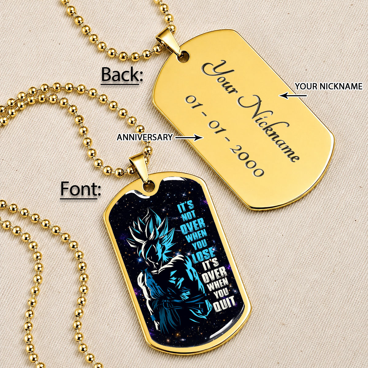 Custom Dragon Ball Saiyan Blue Goku Dog Tag Necklace - Motivational Quote “It's Not Over When You Lose” Stainless Steel Pendant - Gift for DBZ Fans - DRDL048