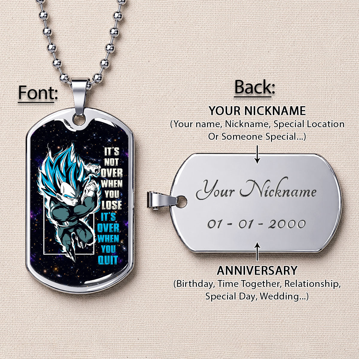 Custom Dragon Ball Saiyan Blue Vegeta Dog Tag Necklace - Motivational Quote “It's Not Over When You Lose” Stainless Steel Pendant - Gift for DBZ Fans - DRDL049