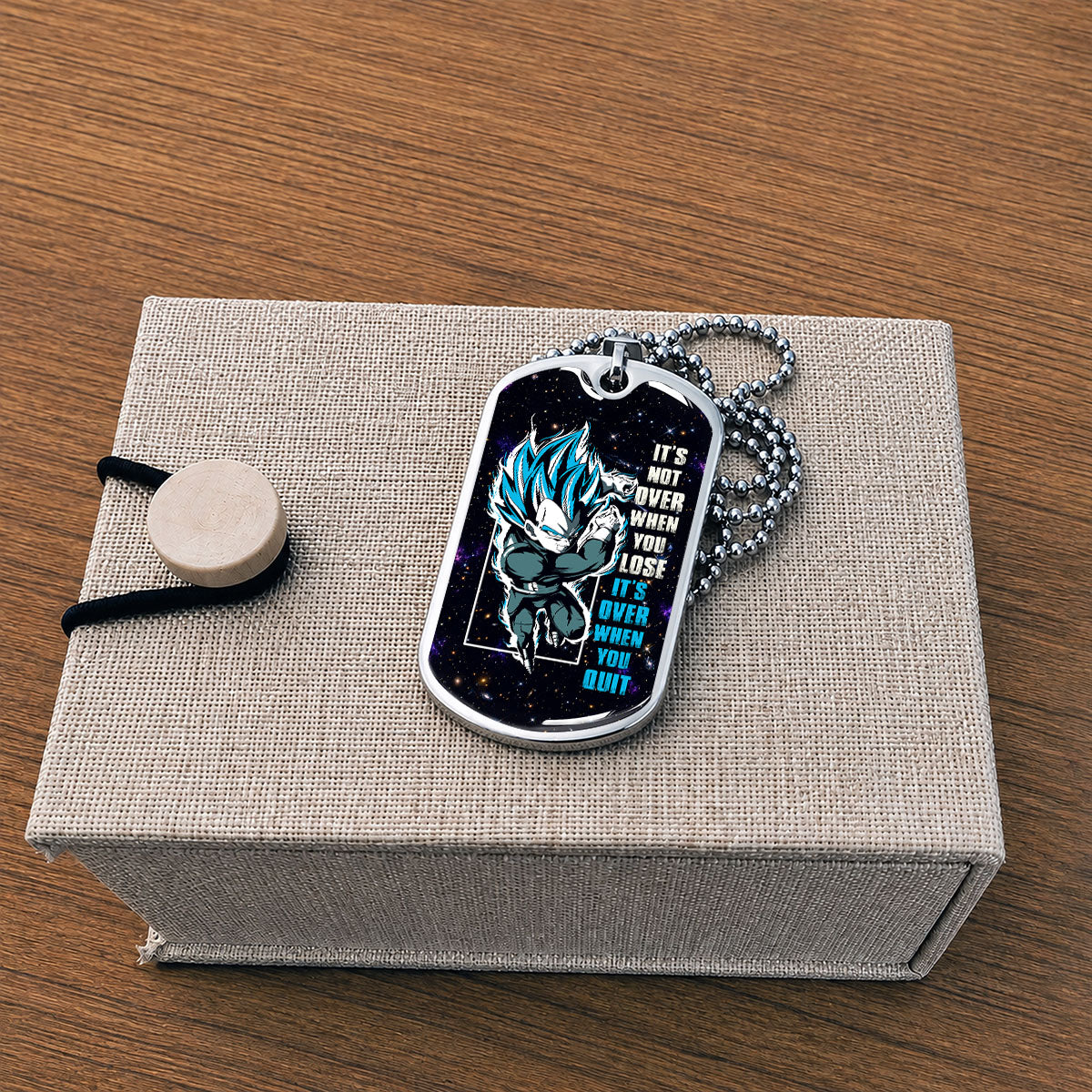 Custom Dragon Ball Saiyan Blue Vegeta Dog Tag Necklace - Motivational Quote “It's Not Over When You Lose” Stainless Steel Pendant - Gift for DBZ Fans - DRDL049