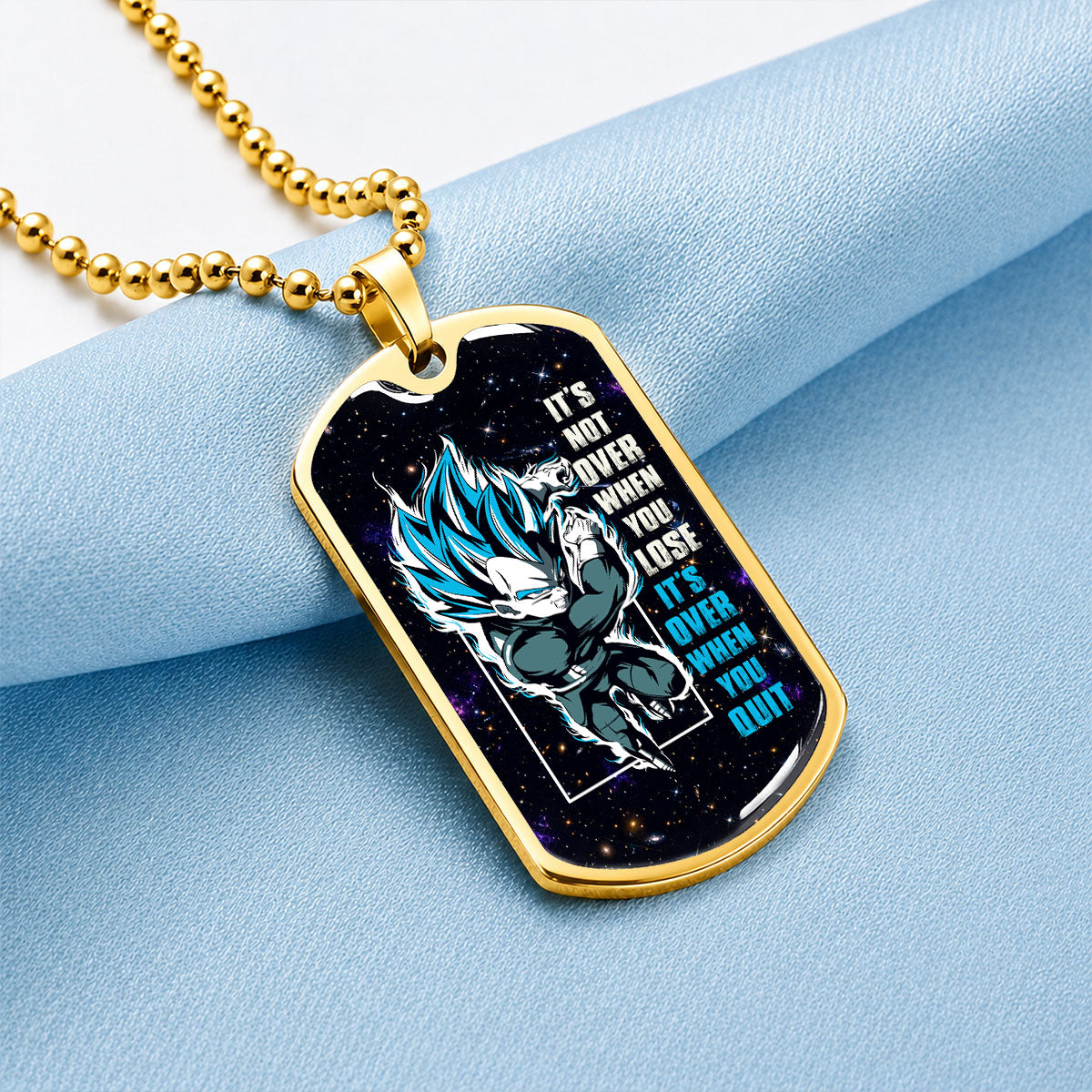Dragon Ball Dog Tag Necklace - DRDL049 - Super Saiyan Blue Vegeta - It's Not Over When You Lose - Military Ball Chain